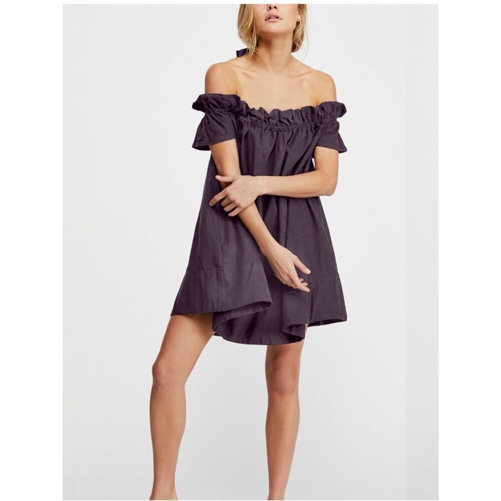 0026 Free People Off-Shoulder Ruffle Mini Dress in deep purple